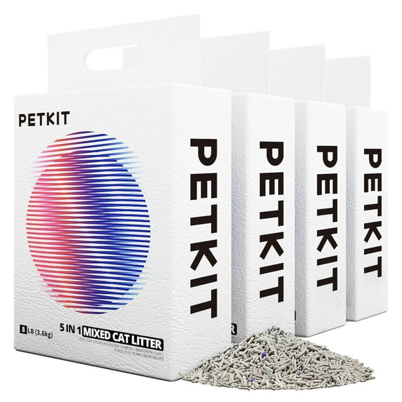 PETKIT 5 in 1 Mixed Cat Litter,Bentonite & Tofu Cat Litter,Advanced Odor Control Clumping Cat Litter, 4 pack/32 lbs
