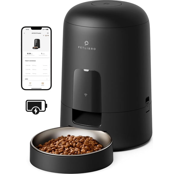 Petlibro Automatic Cat Feeder, Wi-Fi Rechargeable Cat Food Dispenser Battery-Operated with 30-Day Life, AIR 2.4G Wi-Fi Timed Pet Feeder for Cat & Dog, 2L Auto Cat Feeder, Black