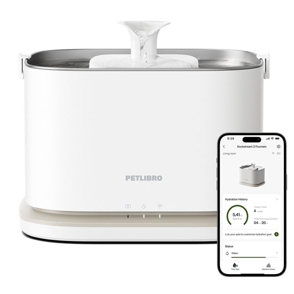 PETLIBRO Dockstream 2 Smart Cat Water Fountain,  3L Stainless Steel Tray, 5G WiFi App Monitoring, Anti-Spill Design Dispenser ,White/Walnut