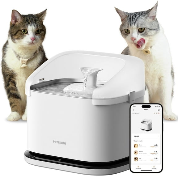 Petlibro Multi Cats Water Fountain, Dockstream RFID Smart APP Monitoring Cat Fountain x2 Collar Tags, Large Capacity 101oz/3L Pet Water Fountain, 2.4G Wi-Fi Automatic Cat Water Dispenser, Pump-Free