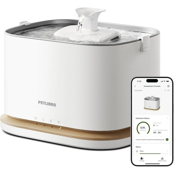 PETLIBRO Upgrade Cat Water Fountain, Cordless Cat Fountain Battery Operated, App Monitoring 3L/101oz Dockstream 2 Pet Water Fountain with Stainless Steel Tray, 5GHz WiFi Dog Water Bowl Dispenser