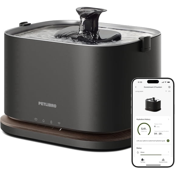 PETLIBRO Dockstream 2 Cordless Automatic Cat Water Fountain, 3L/101oz Pet Water Fountain with Stainless Steel Bowl Dispenser, Battery Operated, 5GHz WiFi App Monitor, Black