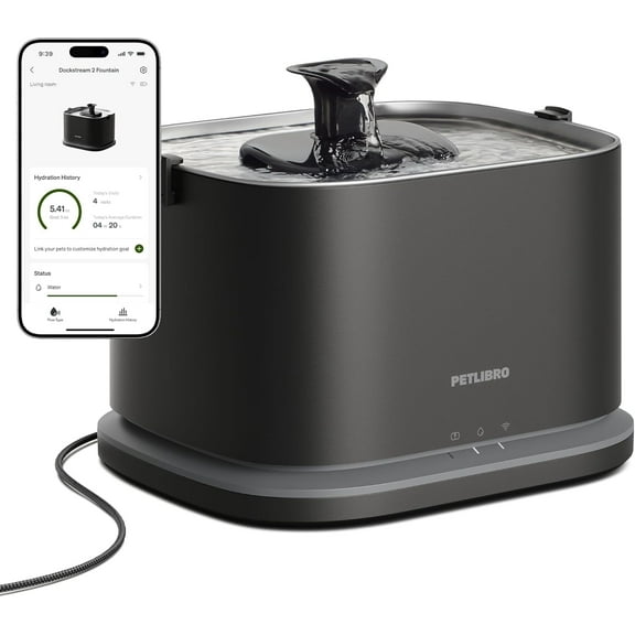 PETLIBRO Upgrade Cat Water Fountain Stainless Steel Tray, Dockstream 2 Cat Fountain Indoor, 3L/101oz Auto Cat Fountains for Drinking, App Monitoring Pet Water Fountain Dog, 5G WiFi