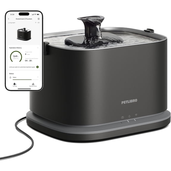 PETLIBRO Upgrade Cat Water Fountain Stainless Steel Tray, Dockstream 2 Cat Fountain Indoor, 3L/101oz Auto Cat Fountains for Drinking, App Monitoring Pet Water Fountain Dog, 5G WiFi