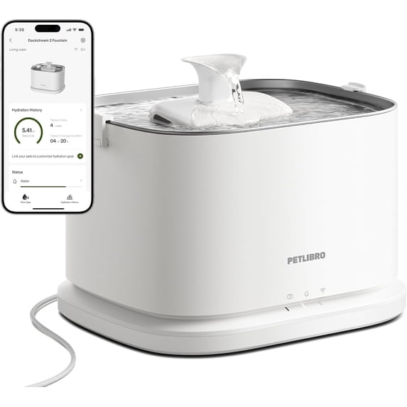 PETLIBRO Upgrade Cat Water Fountain Stainless Steel Tray, Dockstream 2 Cat Fountain Indoor, 3L/101oz Auto Cat Fountains for Drinking, App Monitoring Pet Water Fountain Dog, 5G WiFi