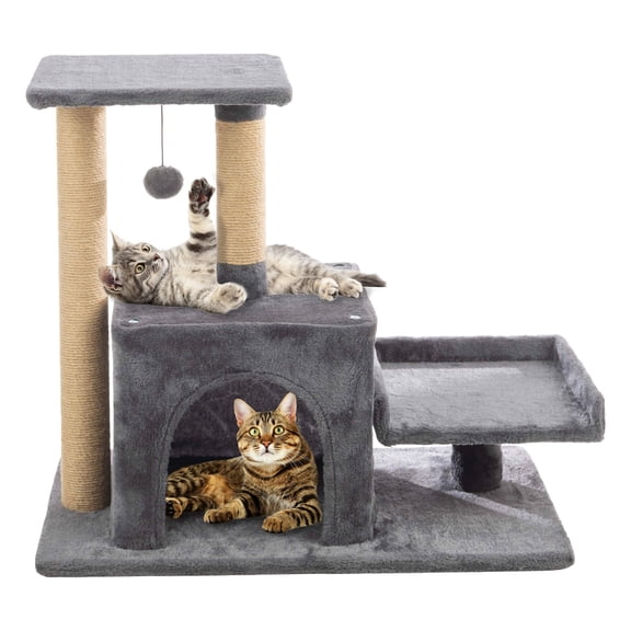 PETMAKER 24.5in Small Cat Tree Tower with Perches, Condo, Scratching Posts, and Hanging Toy (Gray)