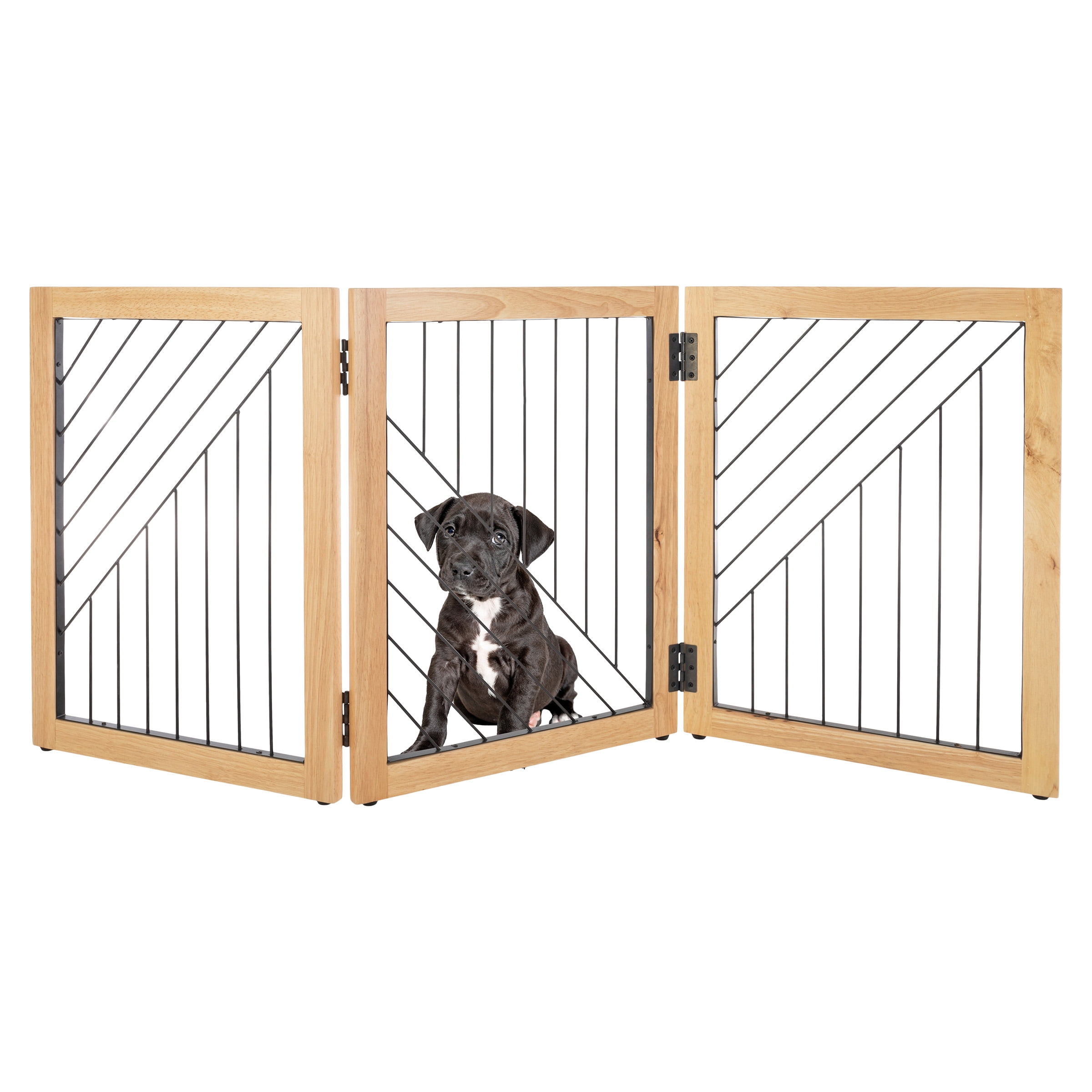 Natural Wood and Black Metal 3-Panel Freestanding Pet Gate