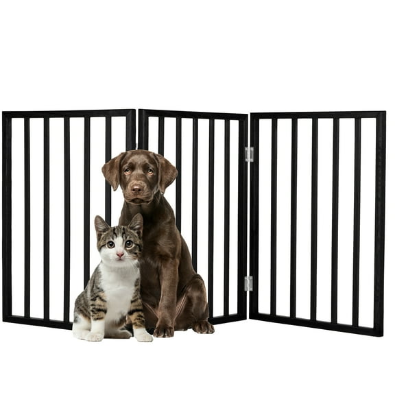 3-Panel Indoor Foldable Pet Gate for Dogs, Cats and Small Pets, Freestanding Wooden Dog Fence for Hallways, Doorways, Stairs, 54 x 24 Inch Portable Pet Barrier in Black by PETMAKER