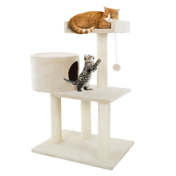 PETMAKER 3-Tier Cat Tree With Scratching Post, Perch, and Toy - Beige