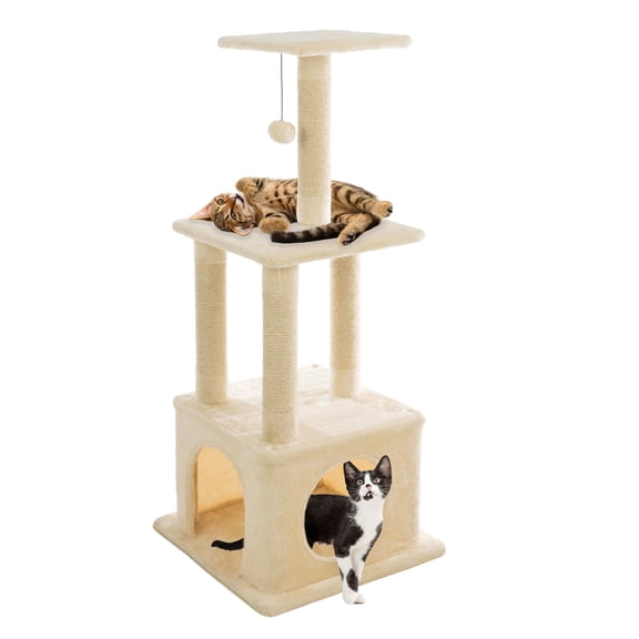 PETMAKER 44in Tall Cat Tree Tower with Perches, Condo, Scratching Posts, and Hanging Toy (Beige)
