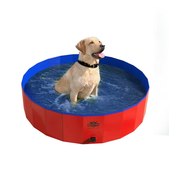 PETMAKER 47-Inch Large Portable Foldable Plastic Pool with Drain - for Dogs with Carrying Bag (Red)