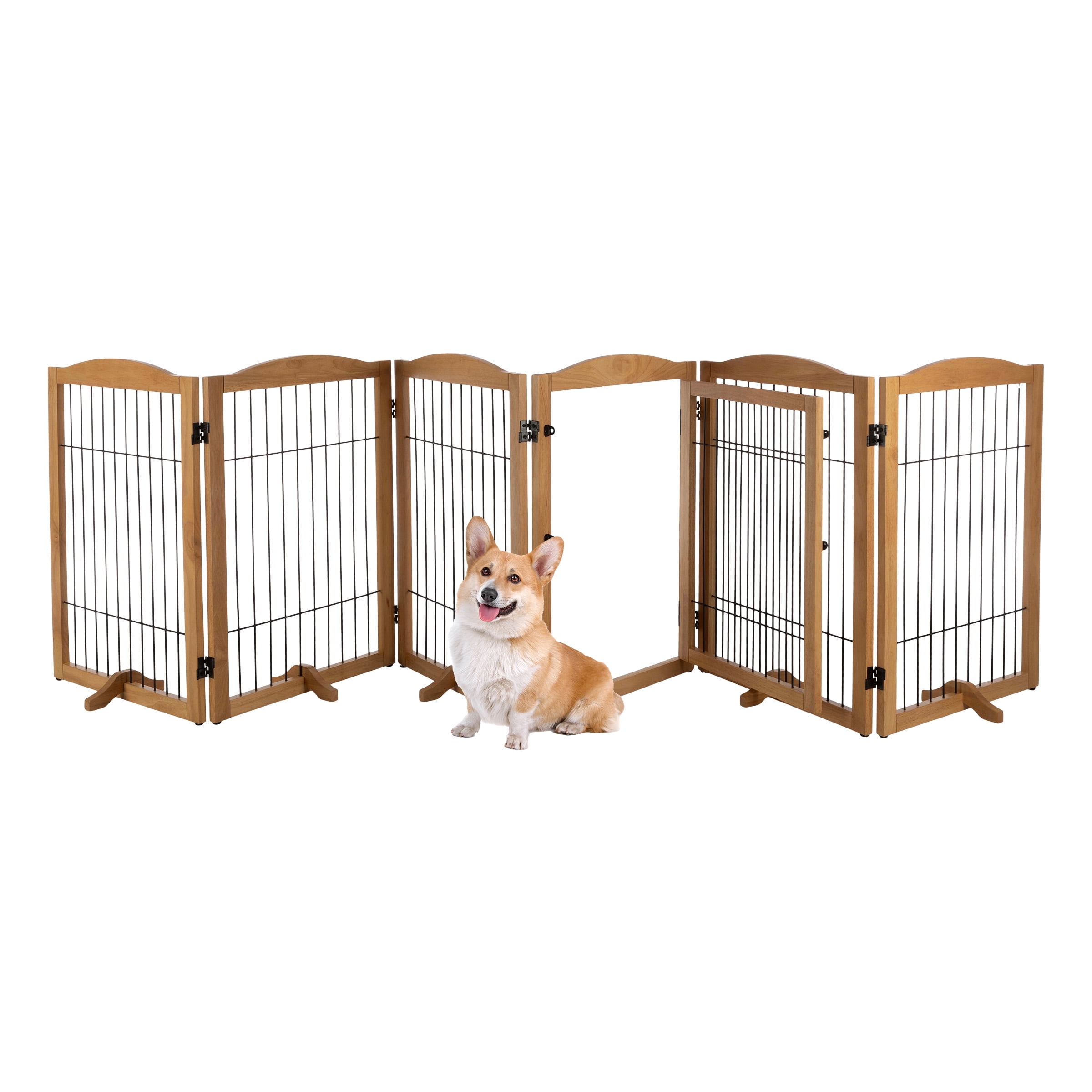 Natural Wood and Metal Freestanding Pet Gate, 132.5x31.5-Inch