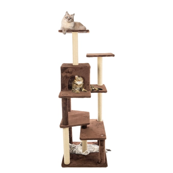 PETMAKER 64in Tall Cat Tree with Cat Condo, Climbing Perches, and 5 Scratching Posts (Brown)