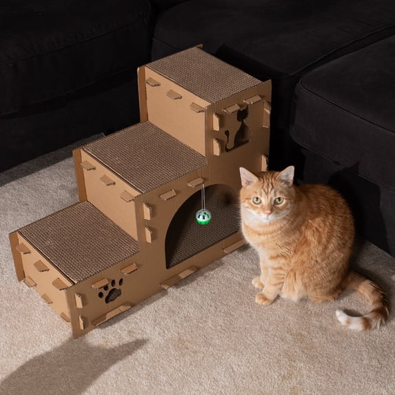 PETMAKER Cardboard Cat House with Scratching Pads, Toys, and Catnip