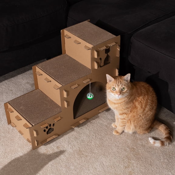 PETMAKER Cardboard Cat House with Scratching Pads, Toys, and Catnip