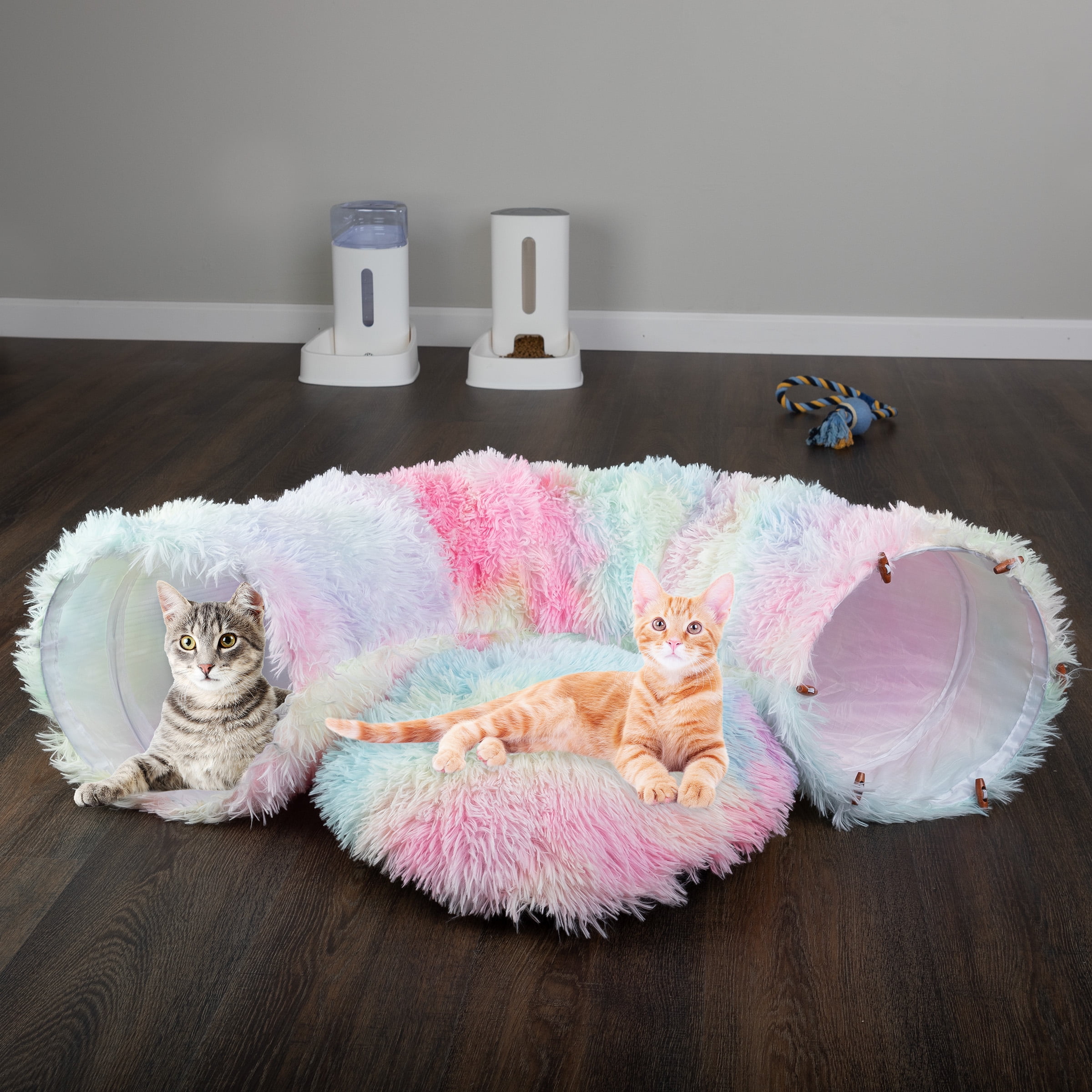 Rainbow Plush 3FT Cat Tunnel Bed with Toys