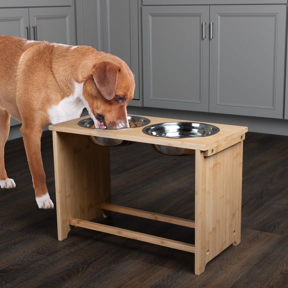 PETMAKER Elevated Dog Bowls with 15-Inch Tall Bamboo Raised Stand