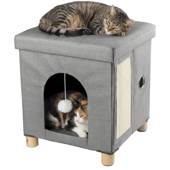 PETMAKER Indoor Cat House Ottoman Foot Rest with Sisal Board and Plush Ball Toy (Gray)