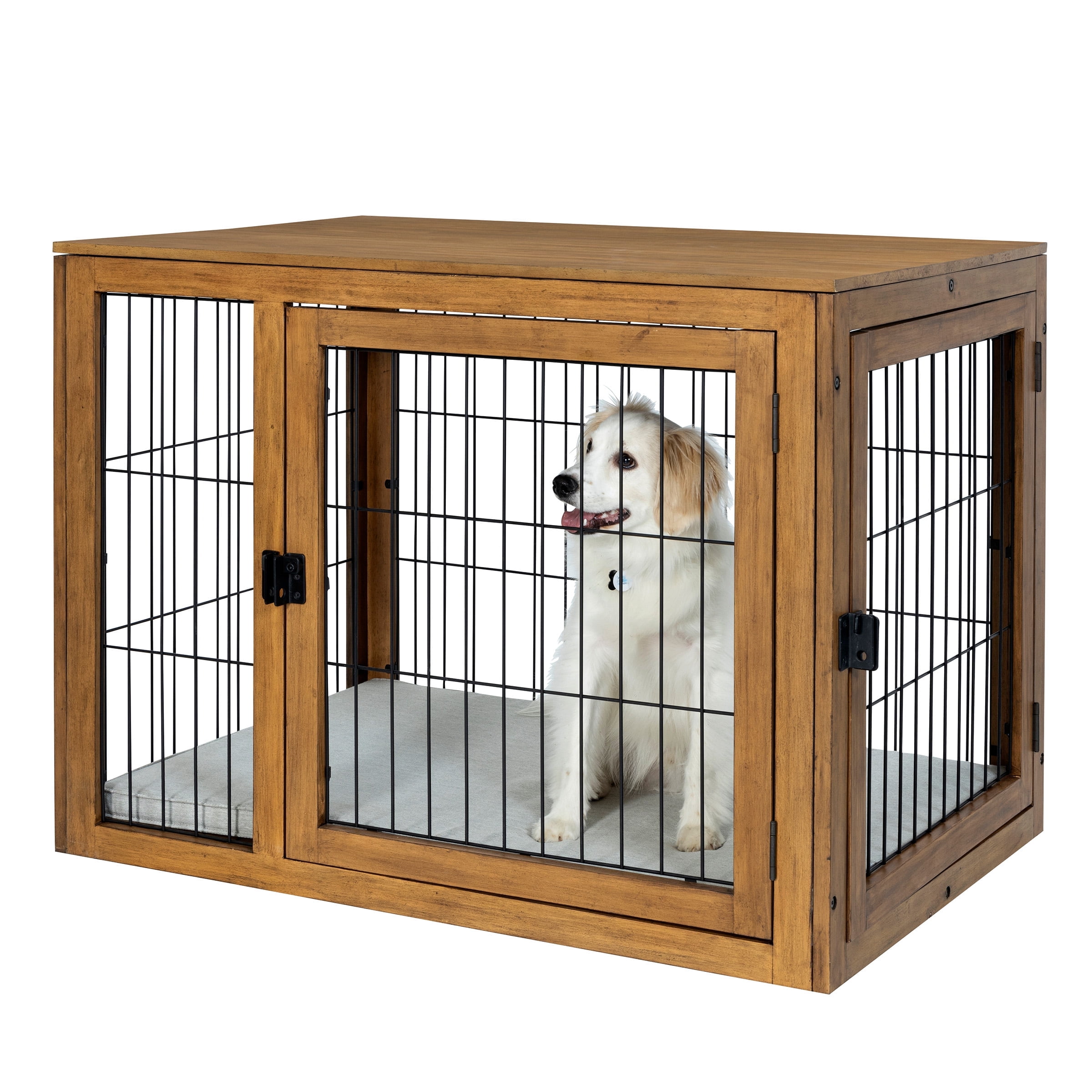 Large Black and Gray Acacia Wood Dog Crate Table