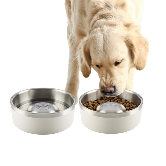 PETMAKER Set of Two 60oz Stainless Steel Slow Feeder Dog Bowls (Cream)