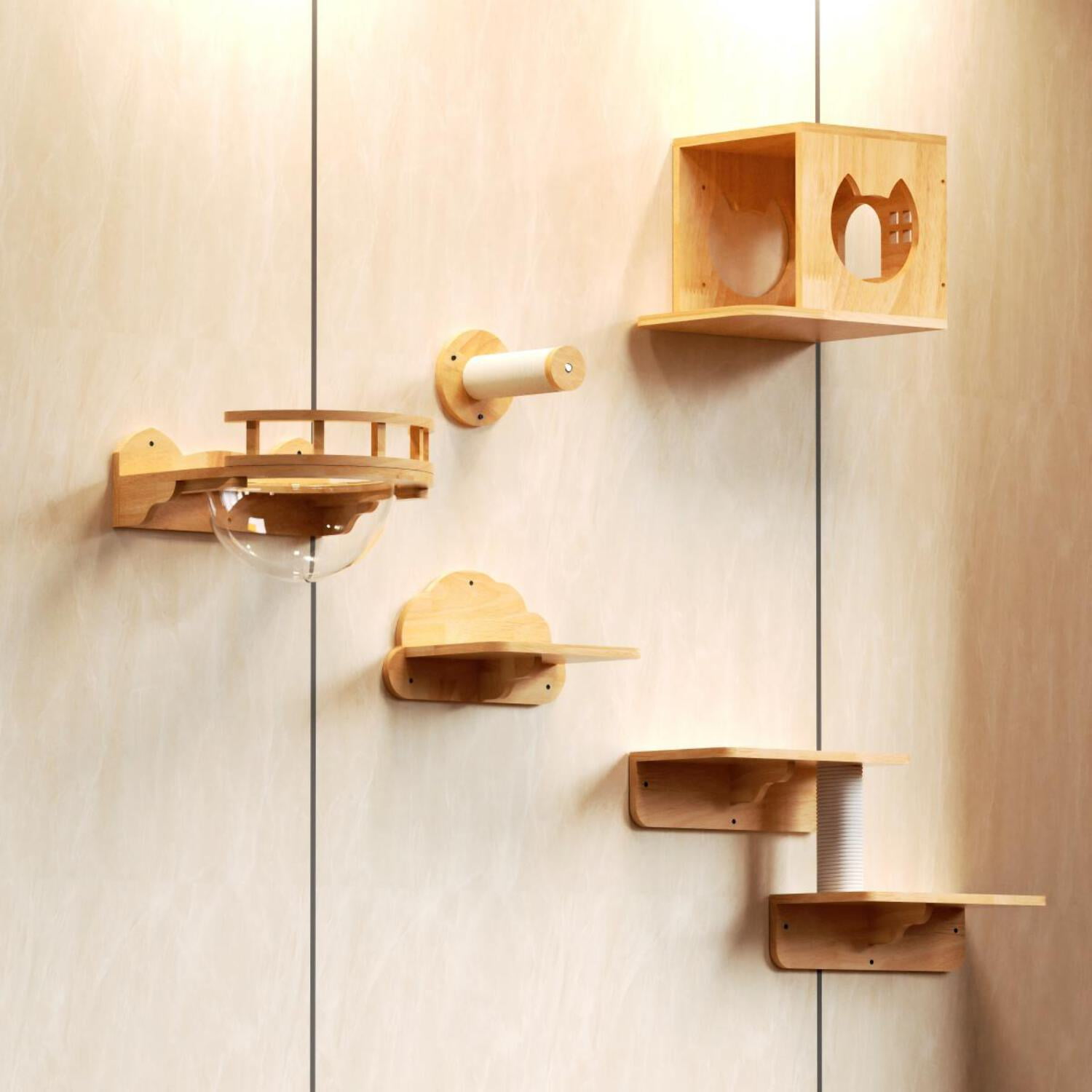 PETOMG Cat Shelf Wall, Cat Climbing Wall, DIY Cat Shelves | Cat Wall Mounted Set | Rubberwood