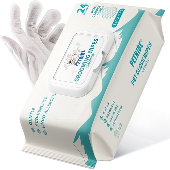 PETRIBE Dog Wipes Cleaning Deodorizing Glove Wipes for Dogs & Cats, 24pcs Unscented, Hypoallergenic Hydrating & Nourish Fur Pet Grooming Glove Wipes