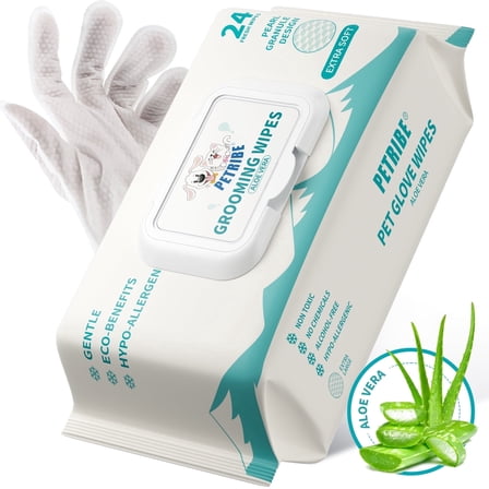 PETRIBE Pet Wipe Gloves for Dogs, 24pcs Aloe Vera Scent, Hypoallergenic Hydrating & Nourish Fur Dog Grooming Glove Wipes