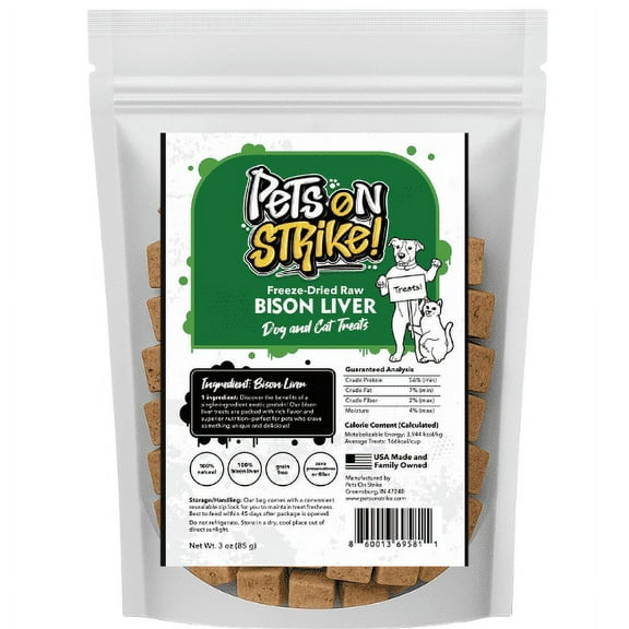PETS ON STRIKE Freeze Dried Bison Liver for Dogs & Cats  Single Ingredient Dog Treats  USA Sourced & Made  High Protein, All Natural, Grain Free  Raw Freeze-Dried Training Treats (3oz)