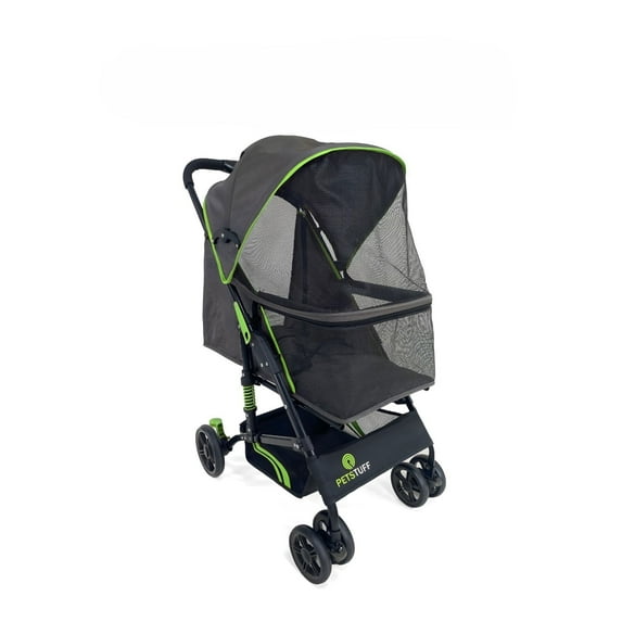 PETS TUFF Buddie Buggie 27.2" 6-Wheeled Foldable Pet Stroller with Storage Basket, Black/Green
