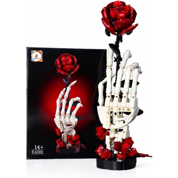 PETSCOOL Skull Rose Building Set Gothic Skeleton Hand Flower Bouquet Blocks for Adults and Teens Desk Decor 1.0 Count