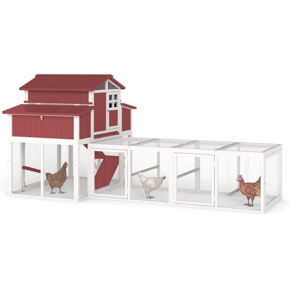 PETSCOSSET 115"L Outdoor Large 2-Story Chicken Coop with Run, Expandable Poultry Cage with 2 Nesting Boxes, Red