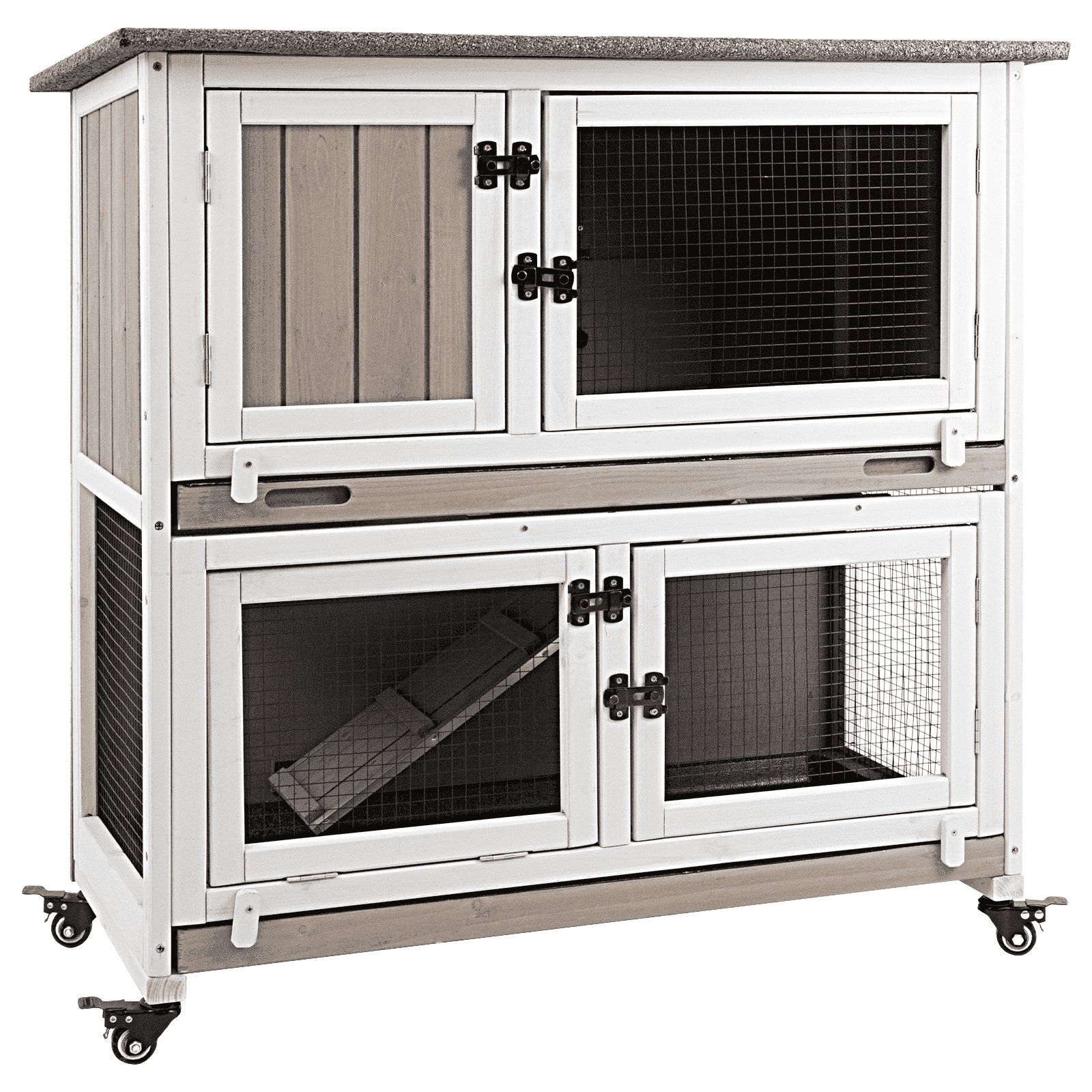 PETSCOSSET 36"L Rabbit Hutch Indoor Wooden 2 Story Bunny Hutch Rabbit Cage Outdoor Bunny Cage on 4 Metal Wheels and 2 Deeper Pull Out Trays,Ramp,Guinea Pig Pet House for Small to Medium Animals,Grey