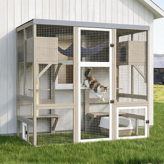 PETSCOSSET 4Level WalkIn Wooden Outdoor Catio, FlatRoof Cat Patio with 2 Condos, Hammock, 2 Scratching Posts, Expandable Modular Cat Run for Multiple Cats