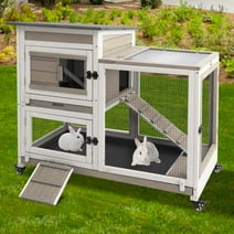 PETSCOSSET 40"L Rabbit Hutch Indoor Wooden Large Bunny Hutch Outdoor 2 Story Rabbit Cage on 4 Metal Wheels with Run and 2 Pull Out Trays UV Panel Guinea Pig Pet House for Small to Medium Animals