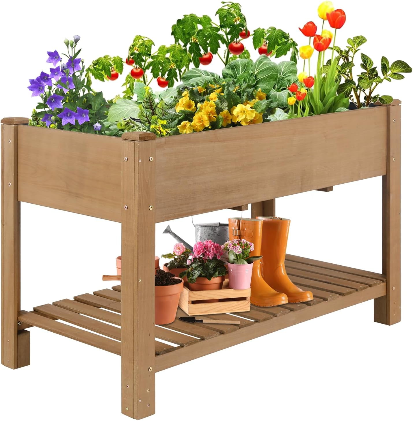 PETSCOSSET Raised Garden Bed Wooden Elevated Planter Box with Legs, Shelf for Outdoor