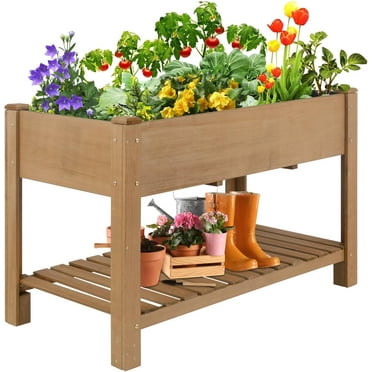 PETSCOSSET Raised Garden Bed Wooden Elevated Planter Box with Legs, Shelf for Outdoor