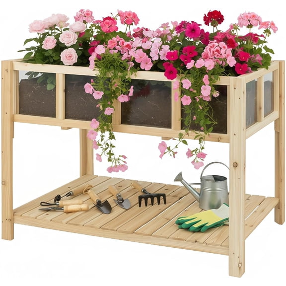Elevated Garden Bed with Clear Acrylic View & Storage Shelf, Wooden Raised Planter Box, 43.7"L x 23.2"W x 30.7"H, Natural