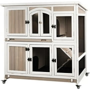 PETSCOSSET 47"L Rabbit Hutch Indoor Wooden 2 Story Rabbit Large Bunny Hutch Outdoor Bunny Cage on Wheels