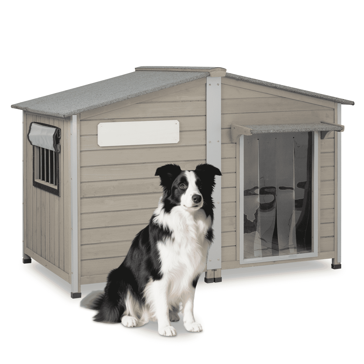 PETSCOSSET Outdoor Dog House XL - Wooden Kennel with Asphalt Roof - 51.2 in, Gray