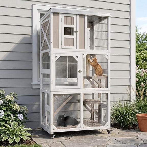 PETSCOSSET 63.4" H Wheeled Outdoor Cat Enclosure, Weatherproof Window Catio with 3 Platforms, 2 Sisal Posts, Acrylic Dome, Portable Kitty House