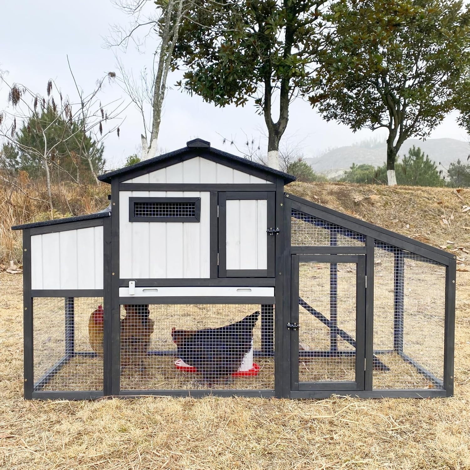 PETSCOSSET Chicken Coop and Run, Two Story Rabbit Hutch Indoor Outdoor, Wooden Hen House with Nesting Box, Black