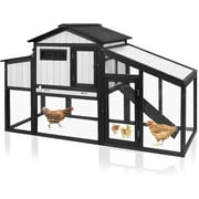 PETSCOSSET Chicken Coop with Run - Wooden Hen House with Nesting Box - Black