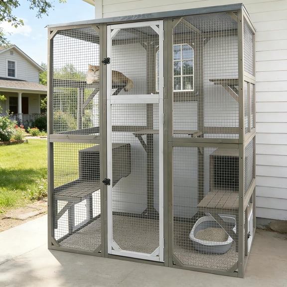 PETSCOSSET 67.7" H Large Wooden Outdoor Catio Enclosure, 4-Level Cat House with 5 Jumping Platforms, 2 Resting Rooms, 2 Escape Doors, Removable Waterproof Cover for Indoor & Feral Cats