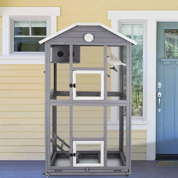 PETSCOSSET 67in Outdoor Bird Aviary,Wooden Wheels Bird Cage Indoor Parrots Cage Conure Flight cage Wire Mesh,Easy Clean Tray Perches Nest Feeder for Finches Cockatiel Dove Parakeets