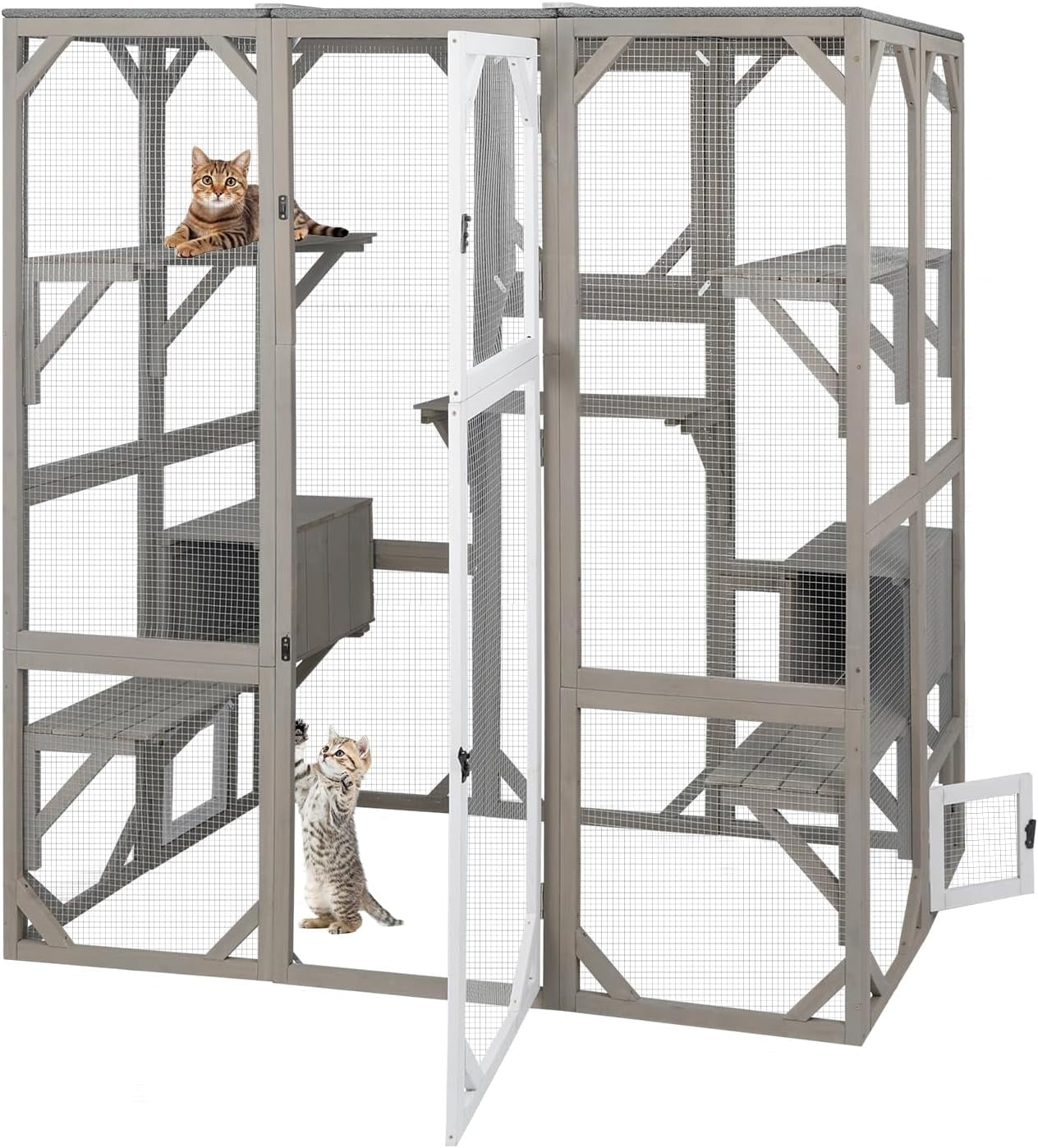PETSCOSSET 71" Catio Outdoor Cat Enclosure Large Wooden Cat House with 5 Platforms for Multiple Cats