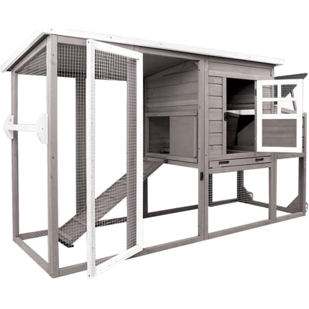 PETSCOSSET Chicken Coop with Wheels, 75" Mobile Chicken Tractor with Run, Waterproof Wooden Hen House with Nesting Box & Pull-Out Tray, Poultry Cage with Handle & Asphalt Roof, Grey