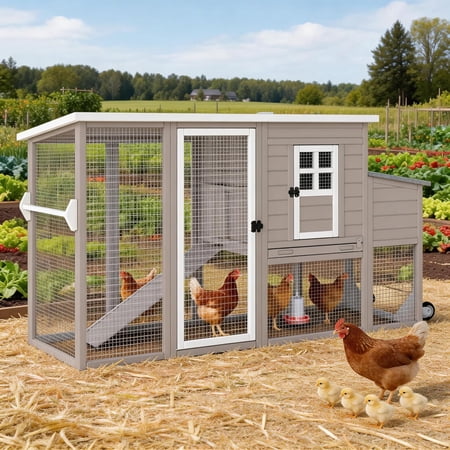 PETSCOSSET 75" Chicken Coop Backyard with Wheels Nesting Box Waterproof Removable Tray and Ramp Large Hen House, Gray