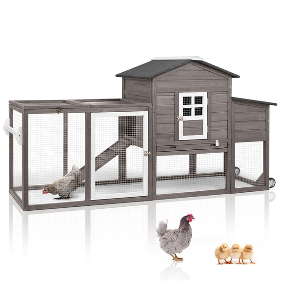 PETSCOSSET 78.7" Wooden Chicken Coop with Wheels, Mobile Chicken Tractor with Run, Waterproof Hen House with Nesting Box, Pull-Out Tray & Asphalt Roof, Connectable Design, Grey