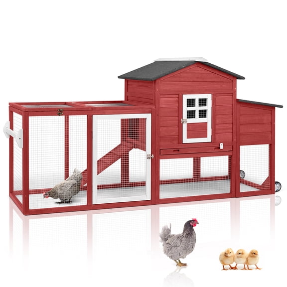 PETSCOSSET 78.7" Wooden Chicken Coop with Wheels, Mobile Chicken Tractor with Run, Waterproof Hen House with Nesting Box, Pull-Out Tray & Asphalt Roof, Connectable Design, Red