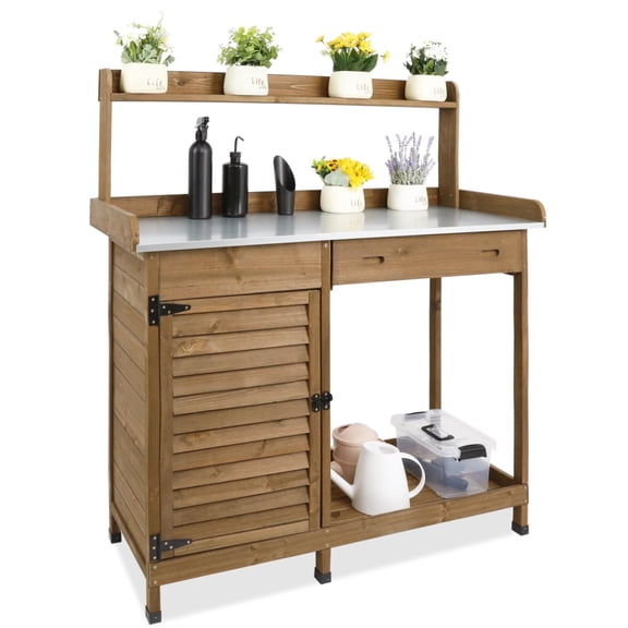 PETSCOSSET Wood Garden Potting Bench with Galvanized Top and Cabinet, Brown